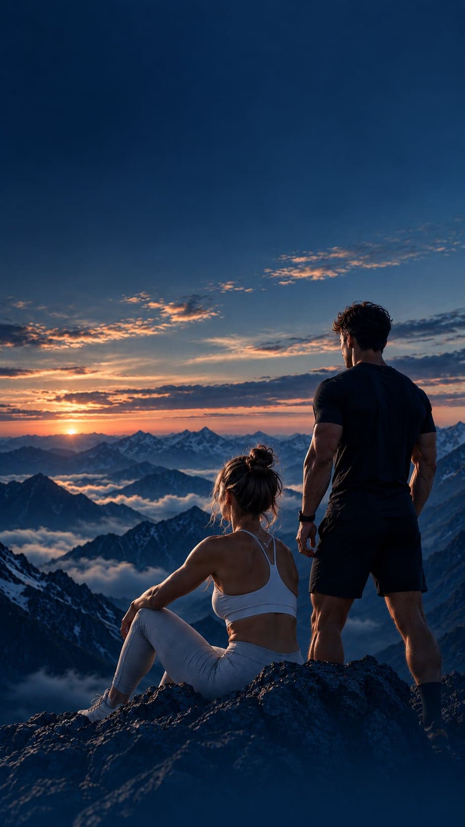 A woman resting on a mountain summit above the clouds at dusk