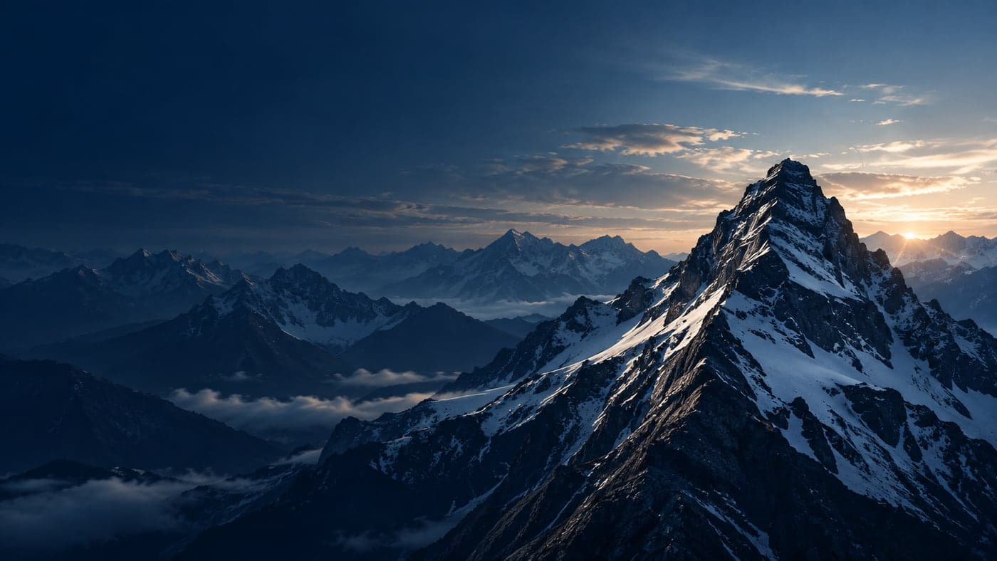 A dark mountain peak above the clouds at dusk